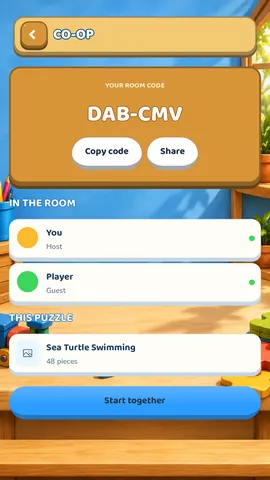 The co-op lobby: a room code to share, the host and a friend both connected, and a Start together button.