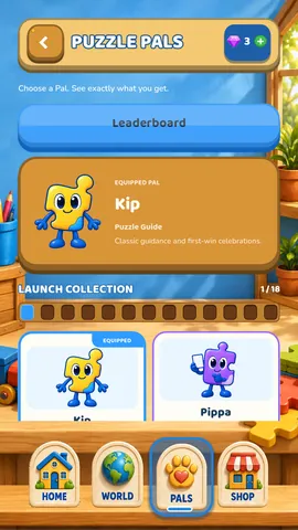 The Puzzle Pals collection, with Kip equipped and the next Pals waiting to be unlocked.