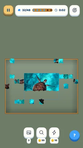 A sea-turtle puzzle in progress: joined clusters on the board, loose pieces around it, and the board tools along the bottom.