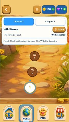 The Wild Hours world map: a painted road of numbered levels across a golden savanna.