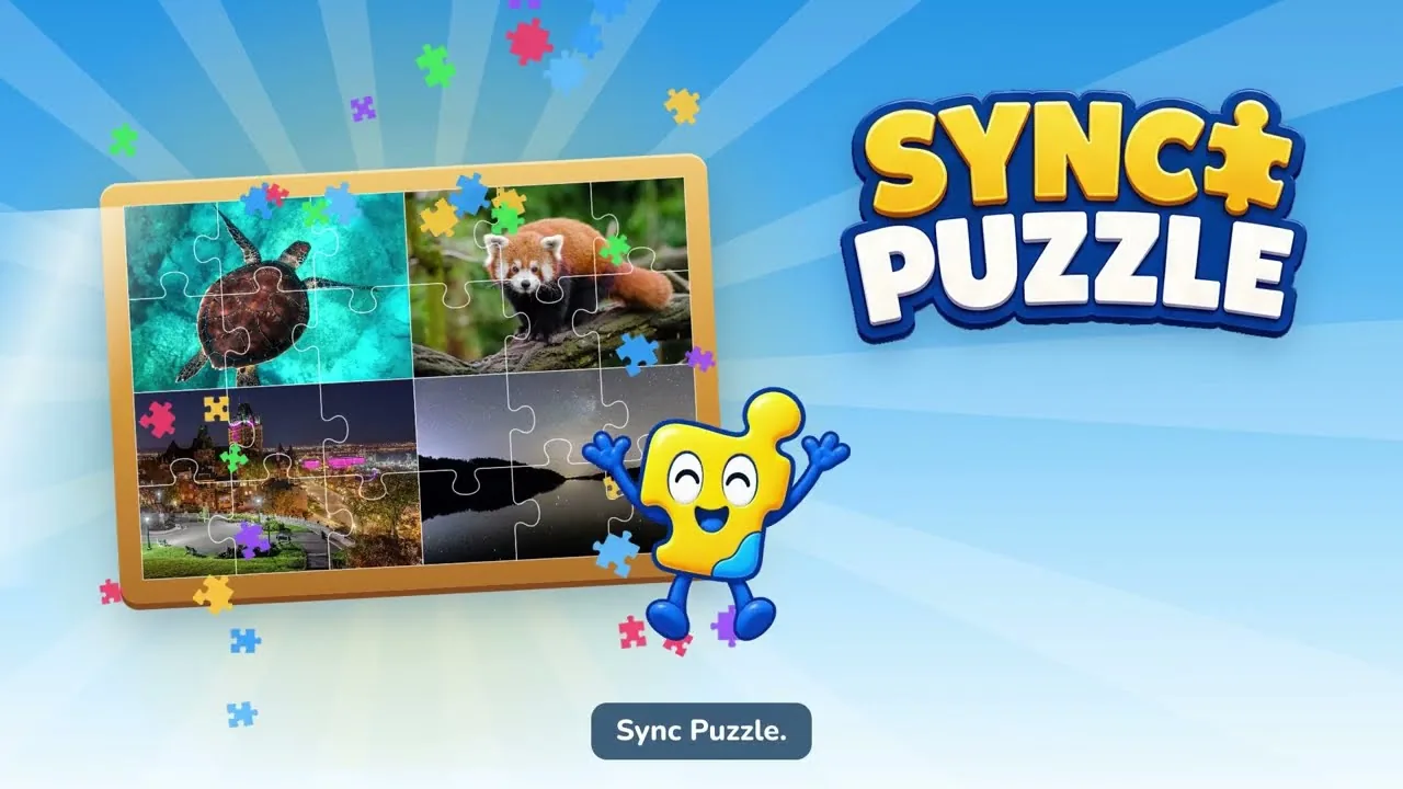 Sync Puzzle trailer: Kip waving beside a half-built jigsaw of a sea turtle and a red panda.