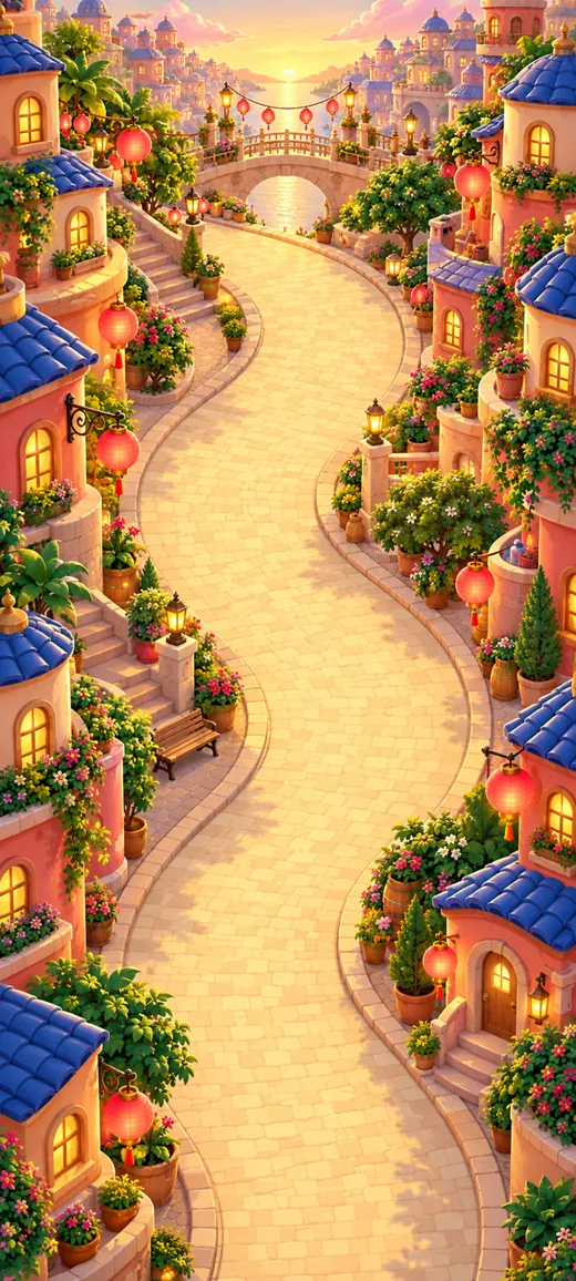 Lantern Cities: rooftops lit at blue hour.